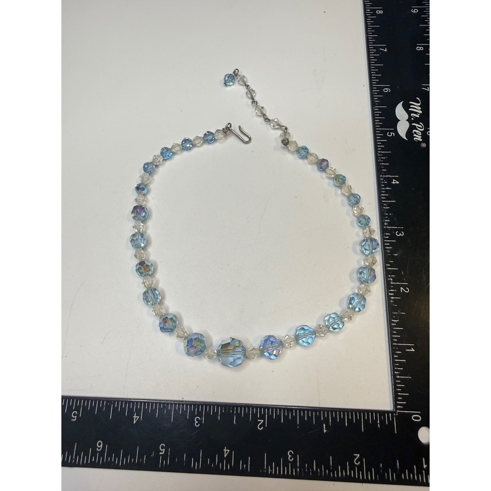Vintage Aurora Borealis Blue Crystal Graduated Bead‎ Necklace J-Hook Clasp 16.5"
